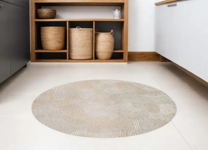 8' Beige and White Round Abstract Non Skid Area Rug Photo 1