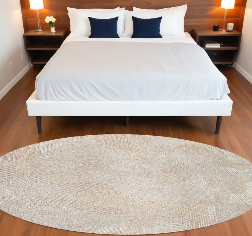 5' Beige and White Round Abstract Non Skid Area Rug Photo 1