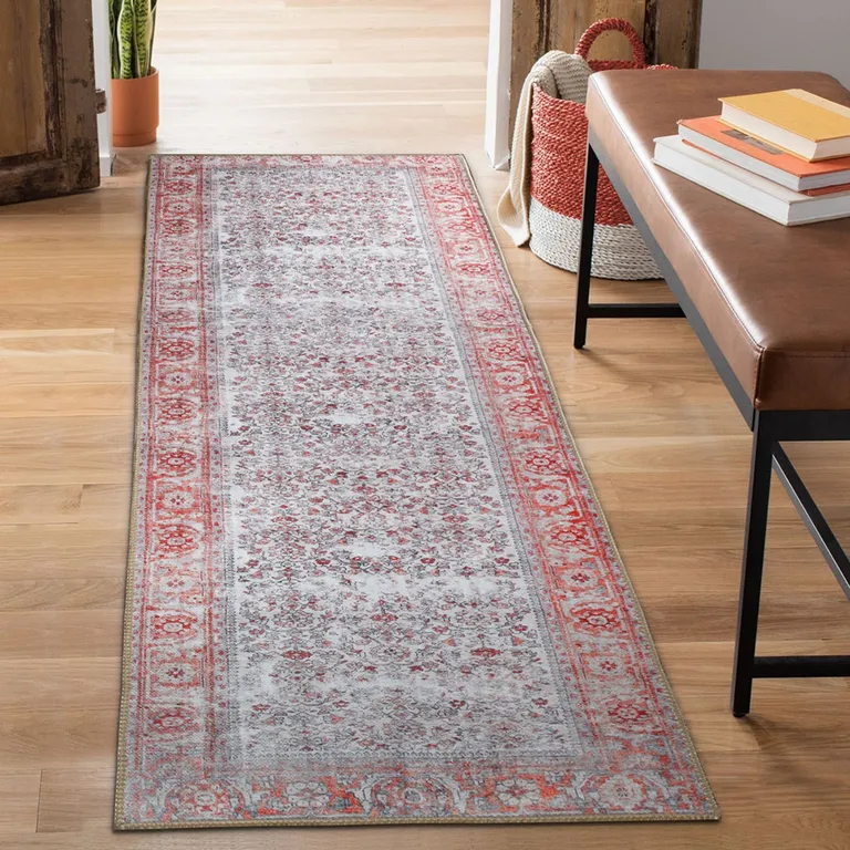 8' Berry Red Oriental Power Loom Stain Resistant Runner Rug Photo 3