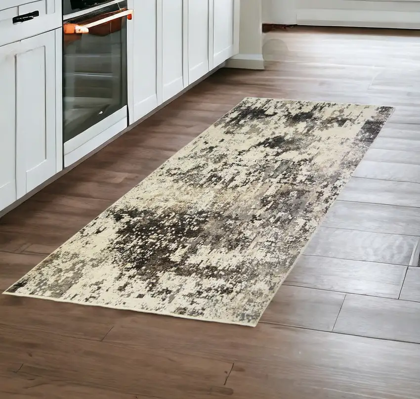 8' Black Abstract Distressed Runner Rug With Fringe Photo 1