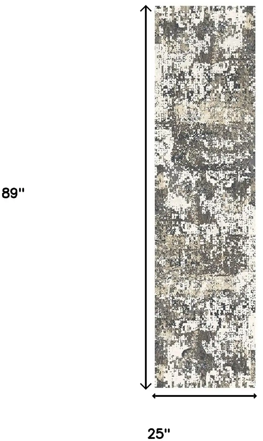 8' Black Abstract Distressed Runner Rug With Fringe Photo 5