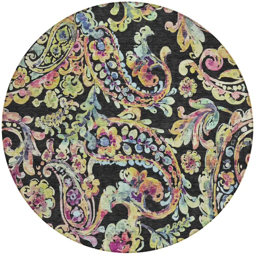 8' Black And Artichoke Green Round Paisley Washable Indoor Outdoor Area Rug Photo 2