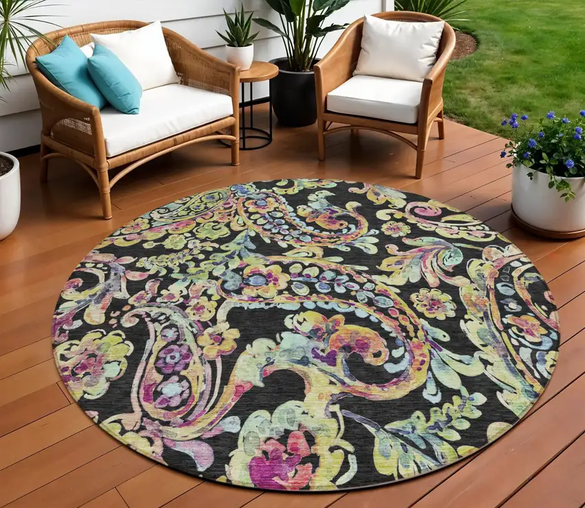 8' Black And Artichoke Green Round Paisley Washable Indoor Outdoor Area Rug Photo 8