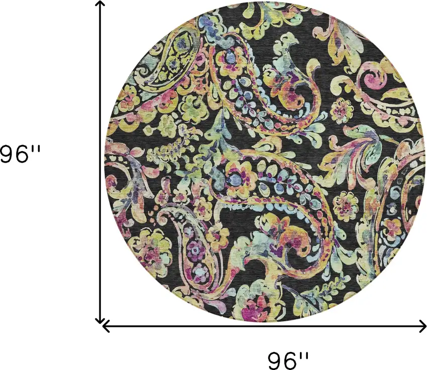 8' Black And Artichoke Green Round Paisley Washable Indoor Outdoor Area Rug Photo 3