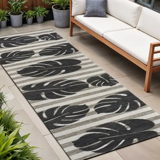 8' Black And Beige Floral Indoor Outdoor Runner Rug Photo 1