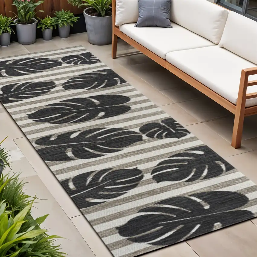 8' Black And Beige Floral Indoor Outdoor Runner Rug Photo 1
