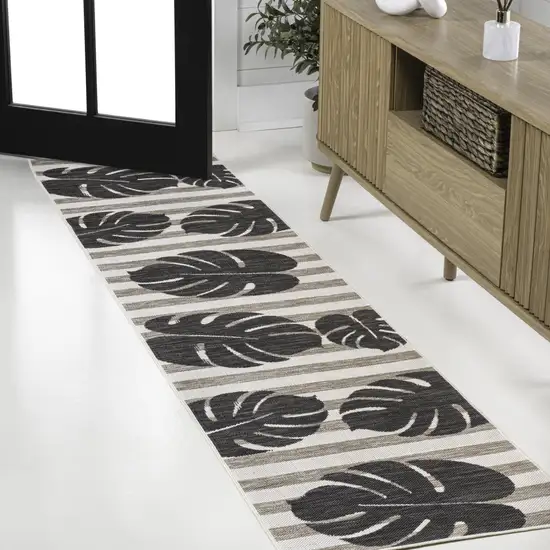 8' Black And Beige Floral Indoor Outdoor Runner Rug Photo 4