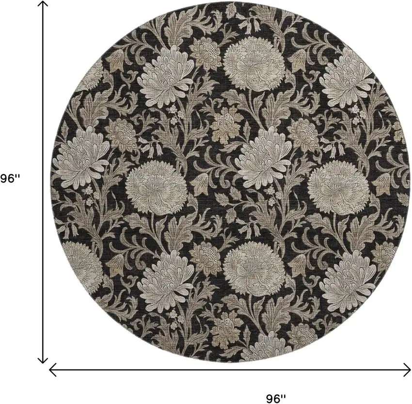 8' Black And Beige Floral Washable Round Rug With UV Protection Photo 6