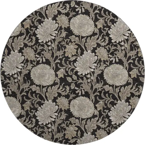8' Black And Beige Floral Washable Round Rug With UV Protection Photo 1