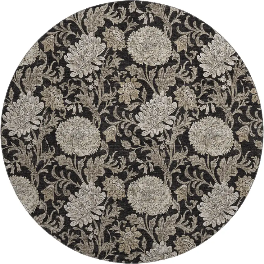 8' Black And Beige Floral Washable Round Rug With UV Protection Photo 1