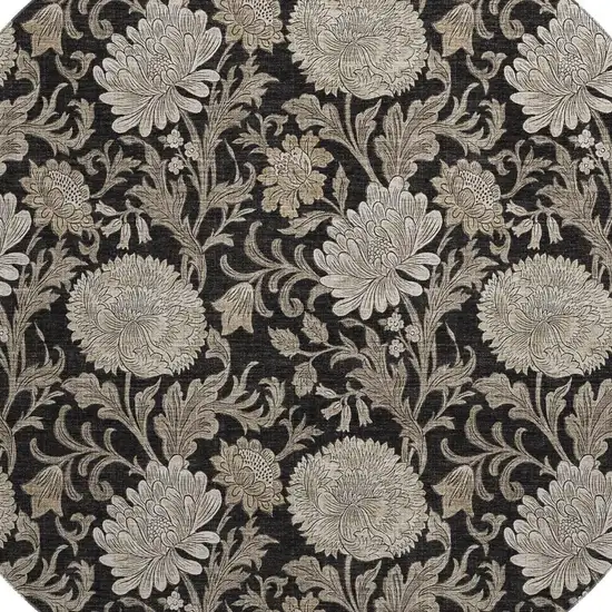 8' Black And Beige Floral Washable Round Rug With UV Protection Photo 4