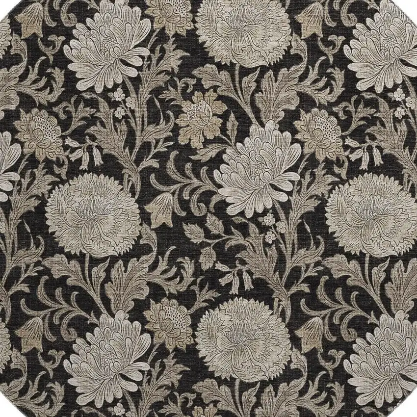 8' Black And Beige Floral Washable Round Rug With UV Protection Photo 4