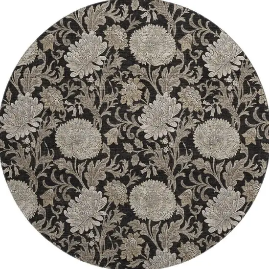 8' Black And Beige Floral Washable Round Rug With UV Protection Photo 3