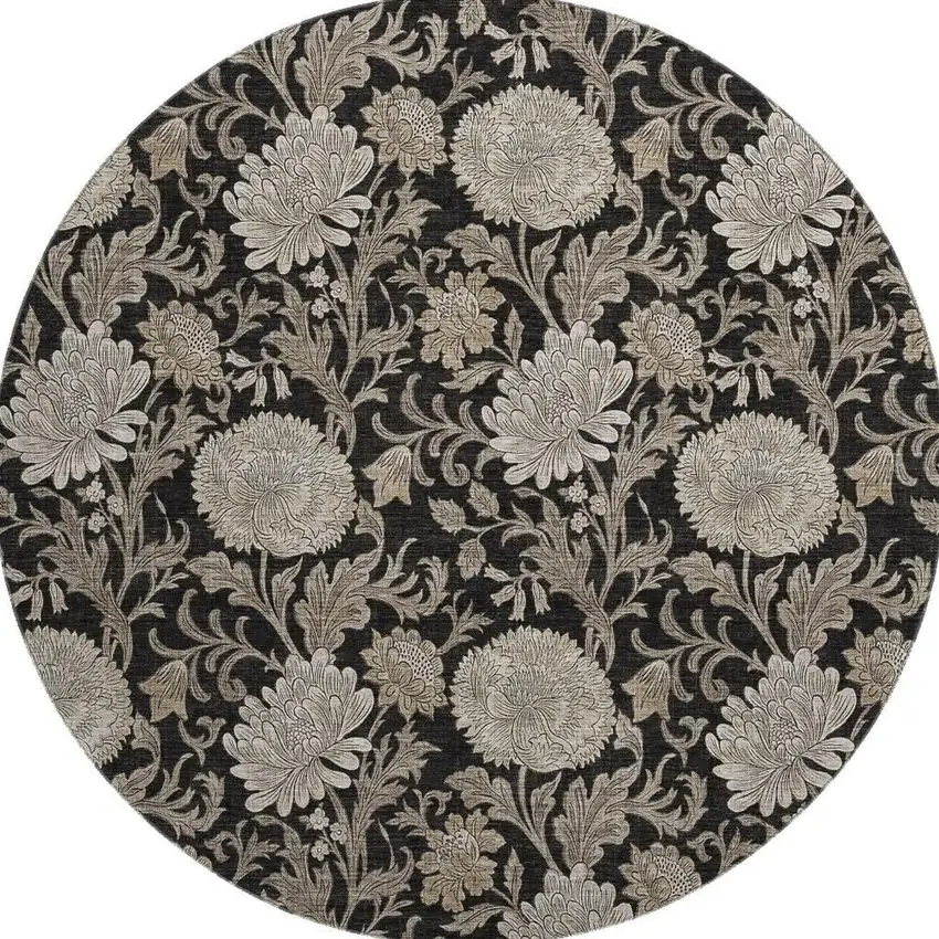 8' Black And Beige Floral Washable Round Rug With UV Protection Photo 3