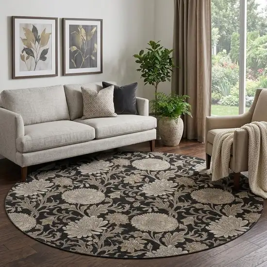 8' Black And Beige Floral Washable Round Rug With UV Protection Photo 1
