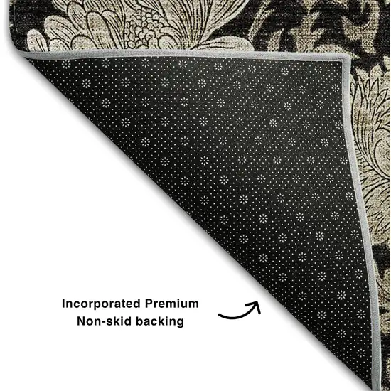 8' Black And Beige Floral Washable Round Rug With UV Protection Photo 7