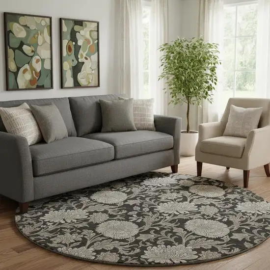 8' Black And Beige Floral Washable Round Rug With UV Protection Photo 1