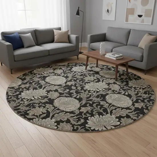 8' Black And Beige Floral Washable Round Rug With UV Protection Photo 2