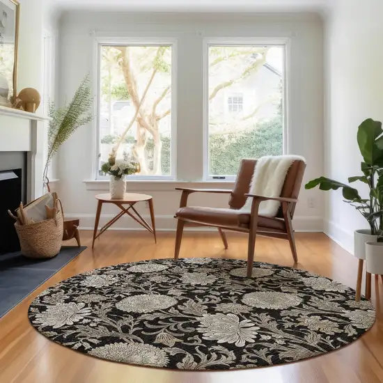 8' Black And Beige Floral Washable Round Rug With UV Protection Photo 5