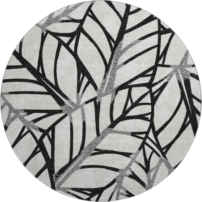 8' Black And Beige Floral Washable Round Rug With UV Protection Photo 1