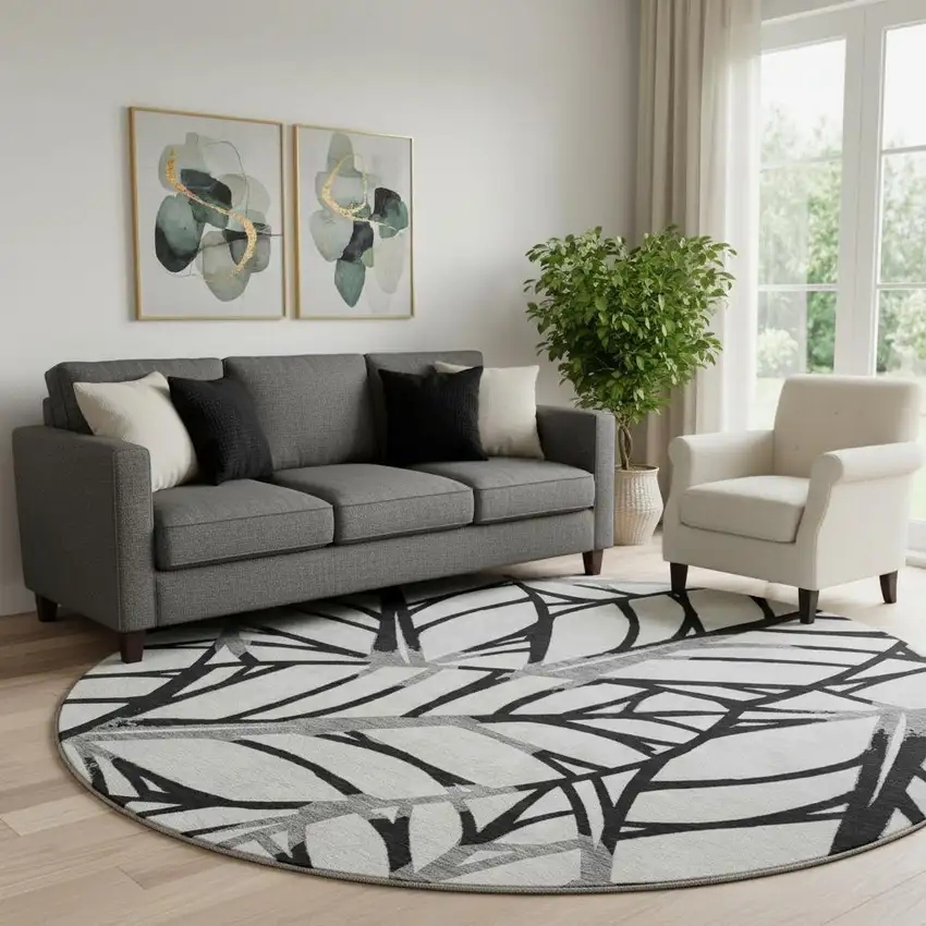 8' Black And Beige Floral Washable Round Rug With UV Protection Photo 1