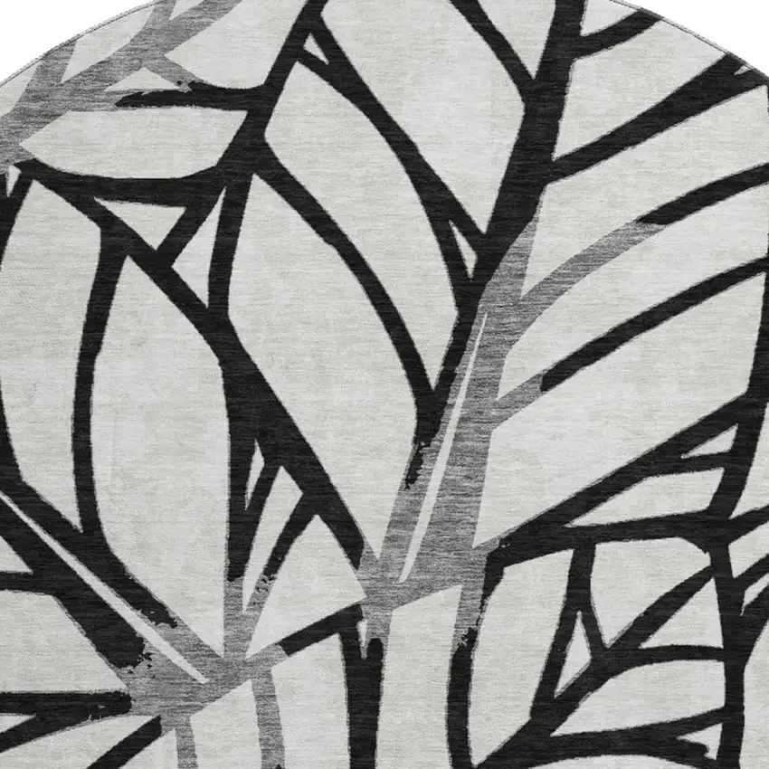 8' Black And Beige Floral Washable Round Rug With UV Protection Photo 3