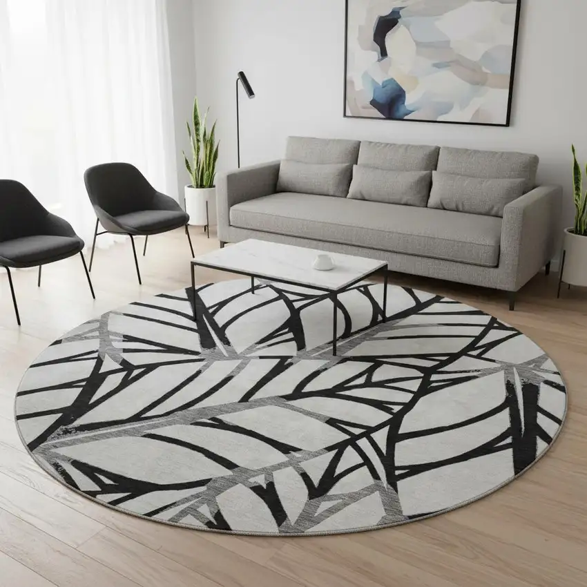 8' Black And Beige Floral Washable Round Rug With UV Protection Photo 2