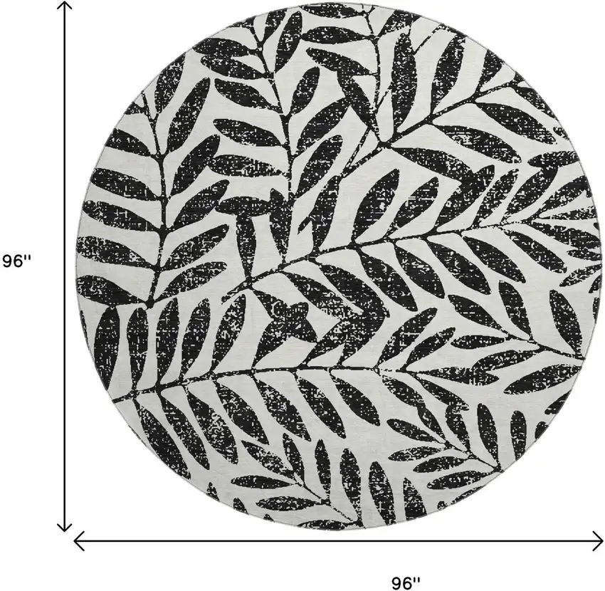 8' Black And Beige Floral Washable Round Rug With UV Protection Photo 8