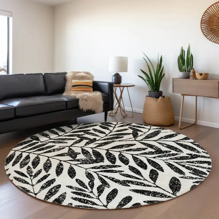8' Black And Beige Floral Washable Round Rug With UV Protection Photo 5