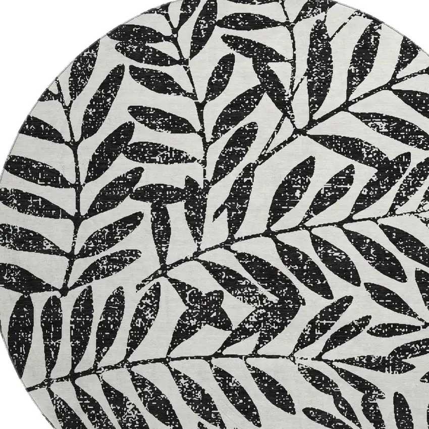 8' Black And Beige Floral Washable Round Rug With UV Protection Photo 4