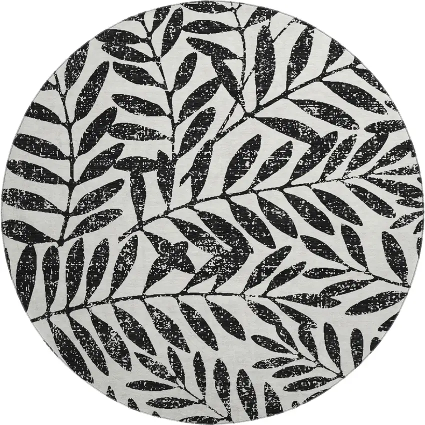 8' Black And Beige Floral Washable Round Rug With UV Protection Photo 1