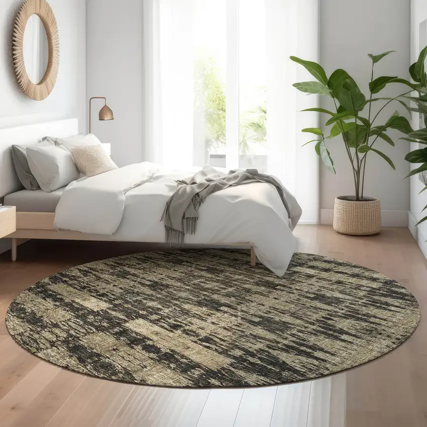 8' Black And Beige Moroccan Washable Round Rug With UV Protection Photo 5