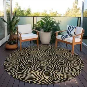 Photo of 8' Black And Beige Round Abstract Washable Indoor Outdoor Area Rug