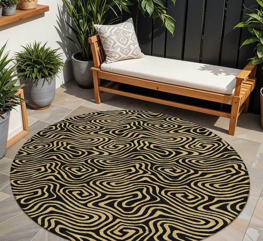 8' Black And Beige Round Abstract Washable Indoor Outdoor Area Rug Photo 1