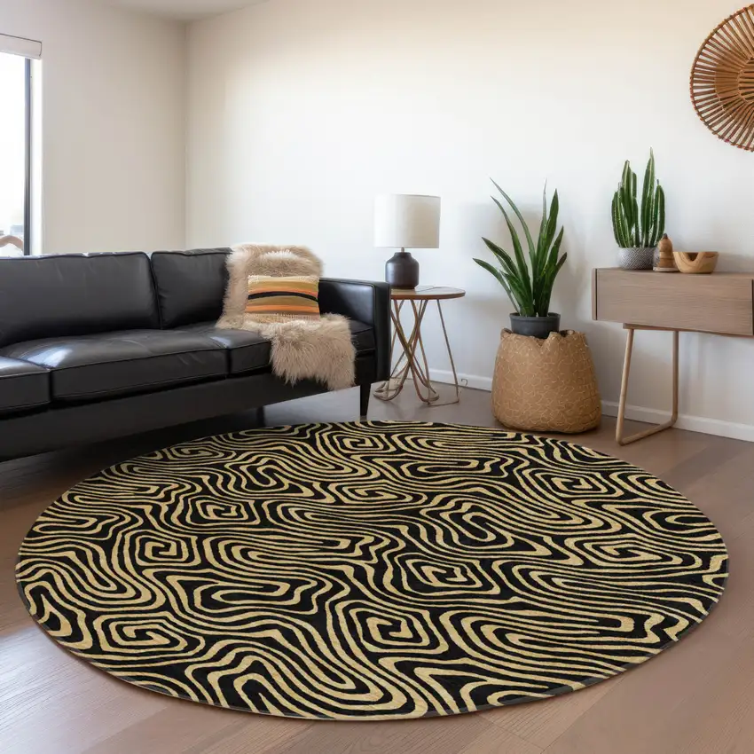 8' Black And Beige Round Abstract Washable Indoor Outdoor Area Rug Photo 7