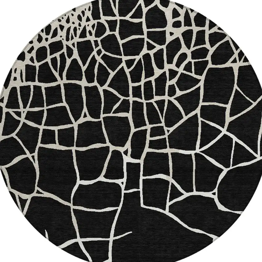 8' Black And Beige Round Abstract Washable Indoor Outdoor Area Rug Photo 7