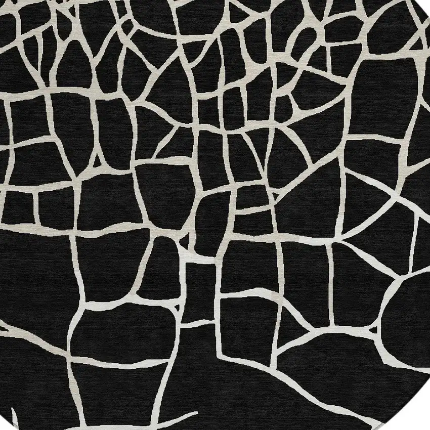 8' Black And Beige Round Abstract Washable Indoor Outdoor Area Rug Photo 6