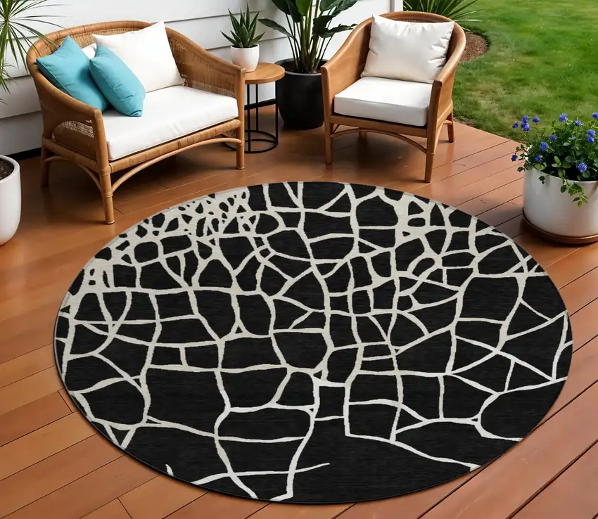 8' Black And Beige Round Abstract Washable Indoor Outdoor Area Rug Photo 1