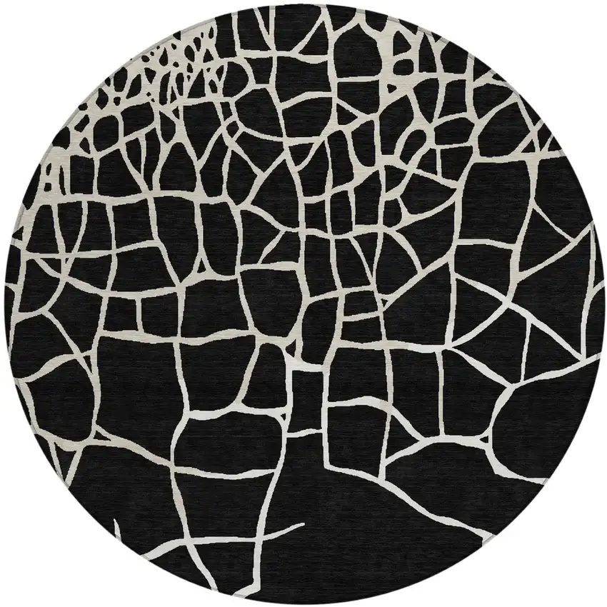8' Black And Beige Round Abstract Washable Indoor Outdoor Area Rug Photo 2