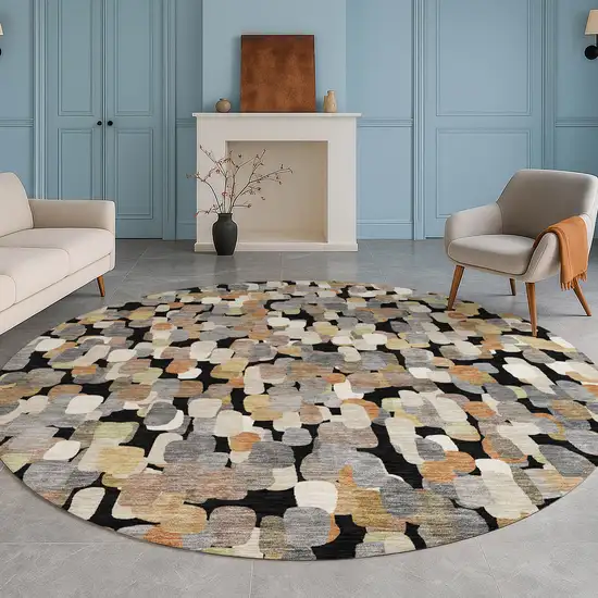8' Black And Beige Round Abstract Washable Indoor Outdoor Area Rug Photo 5