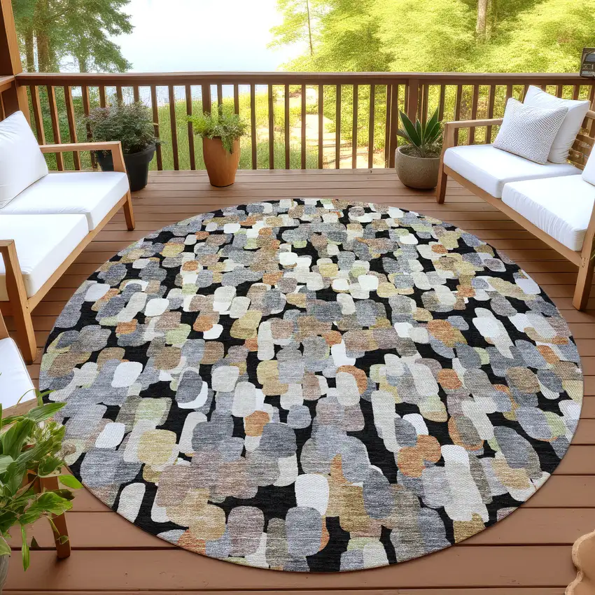 8' Black And Beige Round Abstract Washable Indoor Outdoor Area Rug Photo 4
