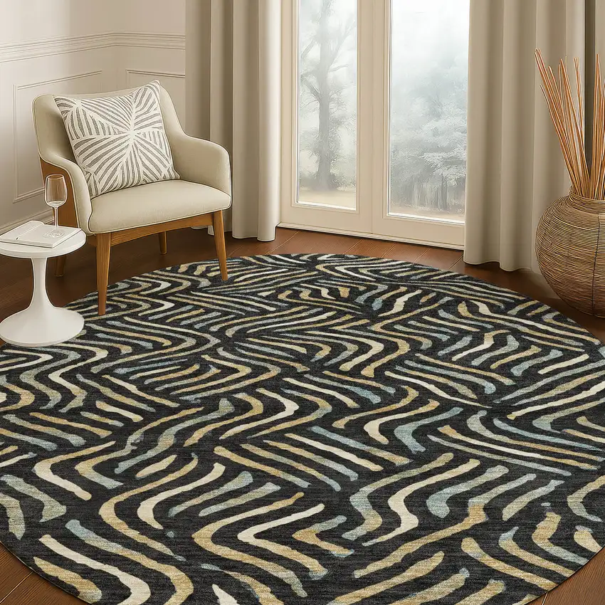 8' Black And Beige Round Abstract Washable Indoor Outdoor Area Rug Photo 5