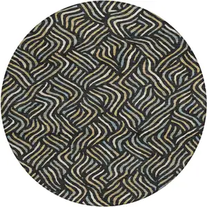 Photo of 8' Black And Beige Round Abstract Washable Indoor Outdoor Area Rug