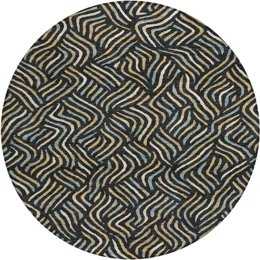 8' Black And Beige Round Abstract Washable Indoor Outdoor Area Rug Photo 1