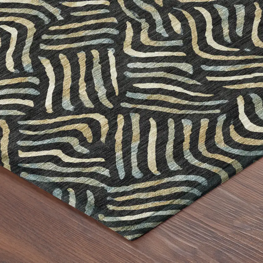 8' Black And Beige Round Abstract Washable Indoor Outdoor Area Rug Photo 6