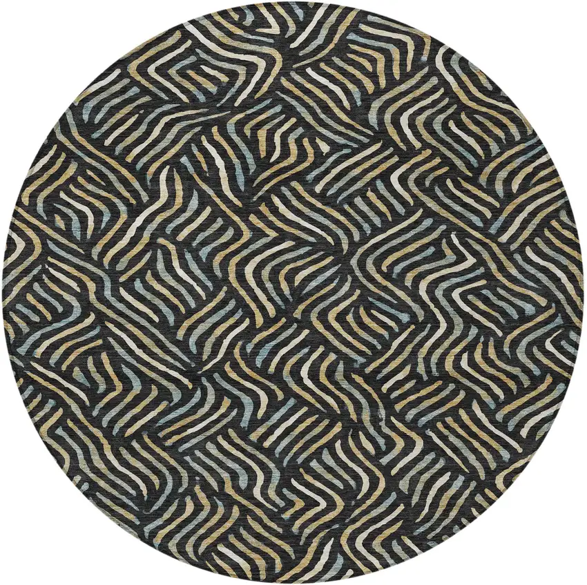 8' Black And Beige Round Abstract Washable Indoor Outdoor Area Rug Photo 3
