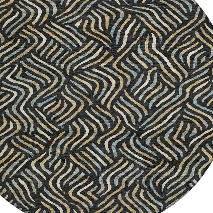 8' Black And Beige Round Abstract Washable Indoor Outdoor Area Rug Photo 2