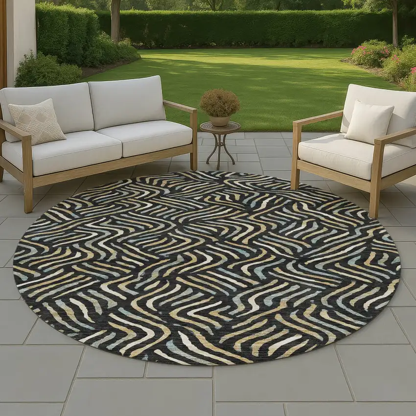 8' Black And Beige Round Abstract Washable Indoor Outdoor Area Rug Photo 4