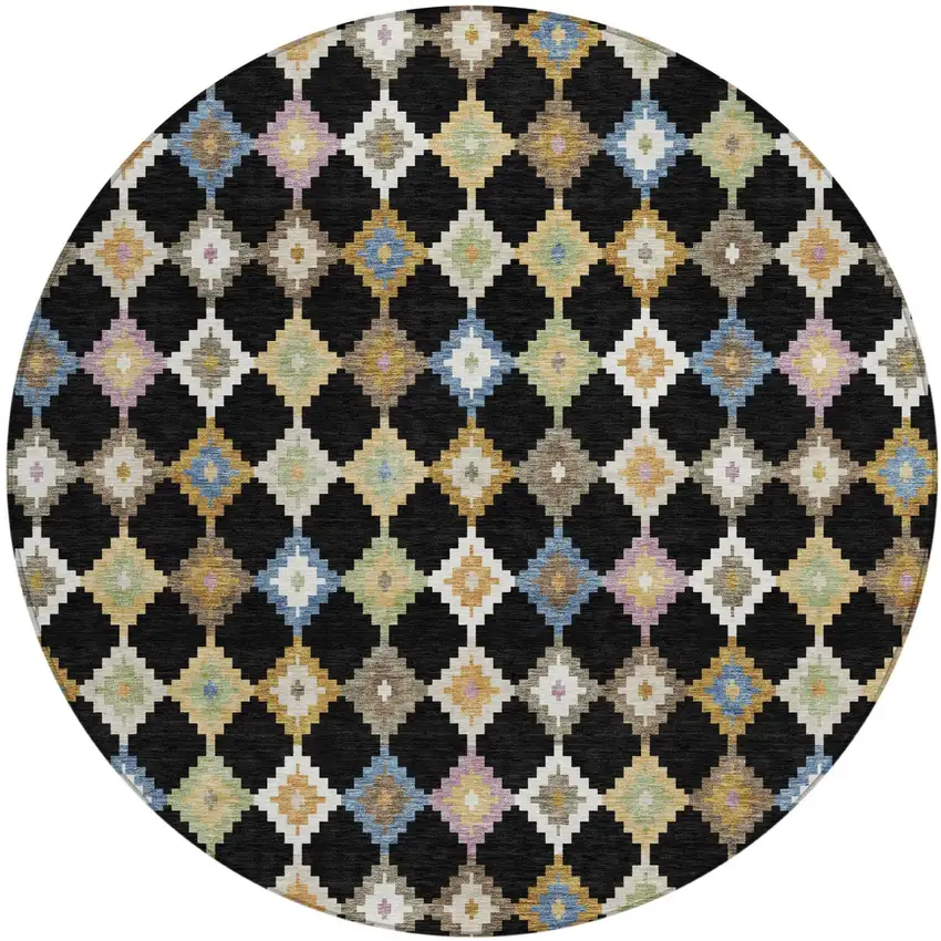 8' Black And Beige Round Aztec Washable Indoor Outdoor Area Rug Photo 5