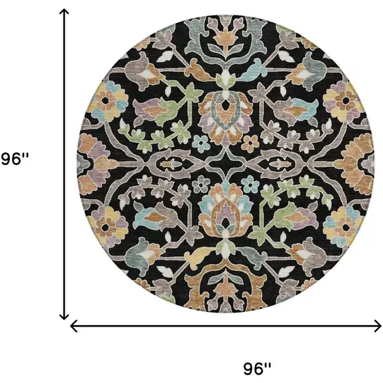 8' Black And Beige Round Floral Washable Indoor Outdoor Area Rug Photo 4